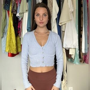 Bershka Light Blue Ribbed Button-Up Cropped Cardigan